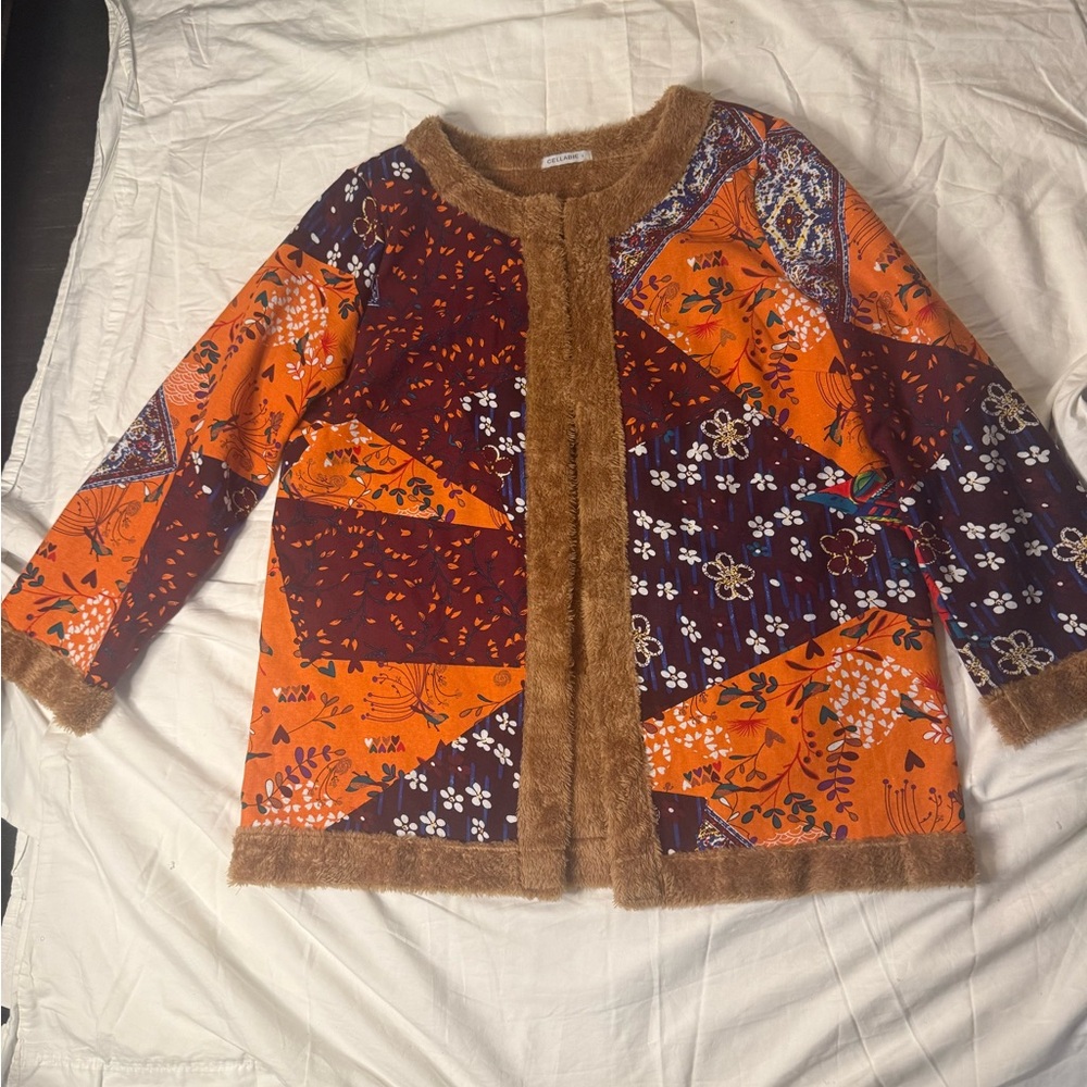 Cellabie Colorful Patchwork Cardigan size L colorful vibrant festival‎ warm chic
